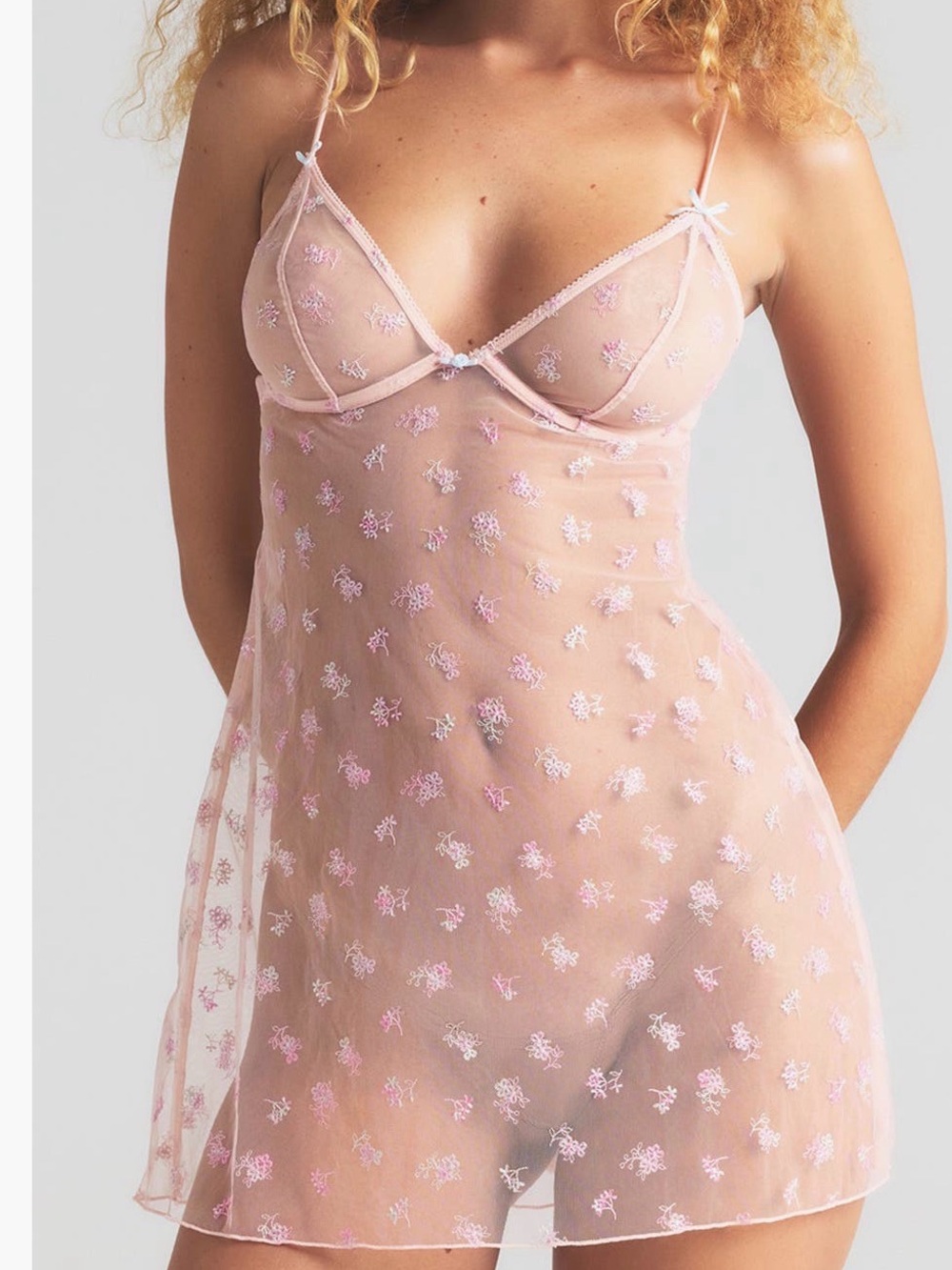 SKIMS Sheer Embroidered Mesh Chemise in Light Pink